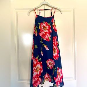 Navy, hibiscus print dress